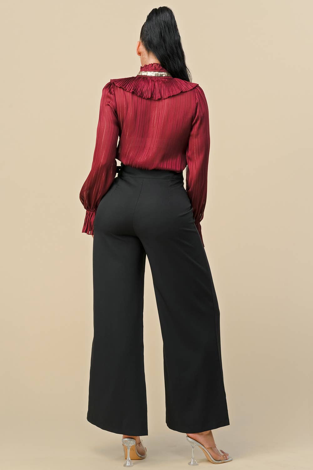 Elegant Burgundy Ruffled Sequins Bow Tie Blouse Top S-L