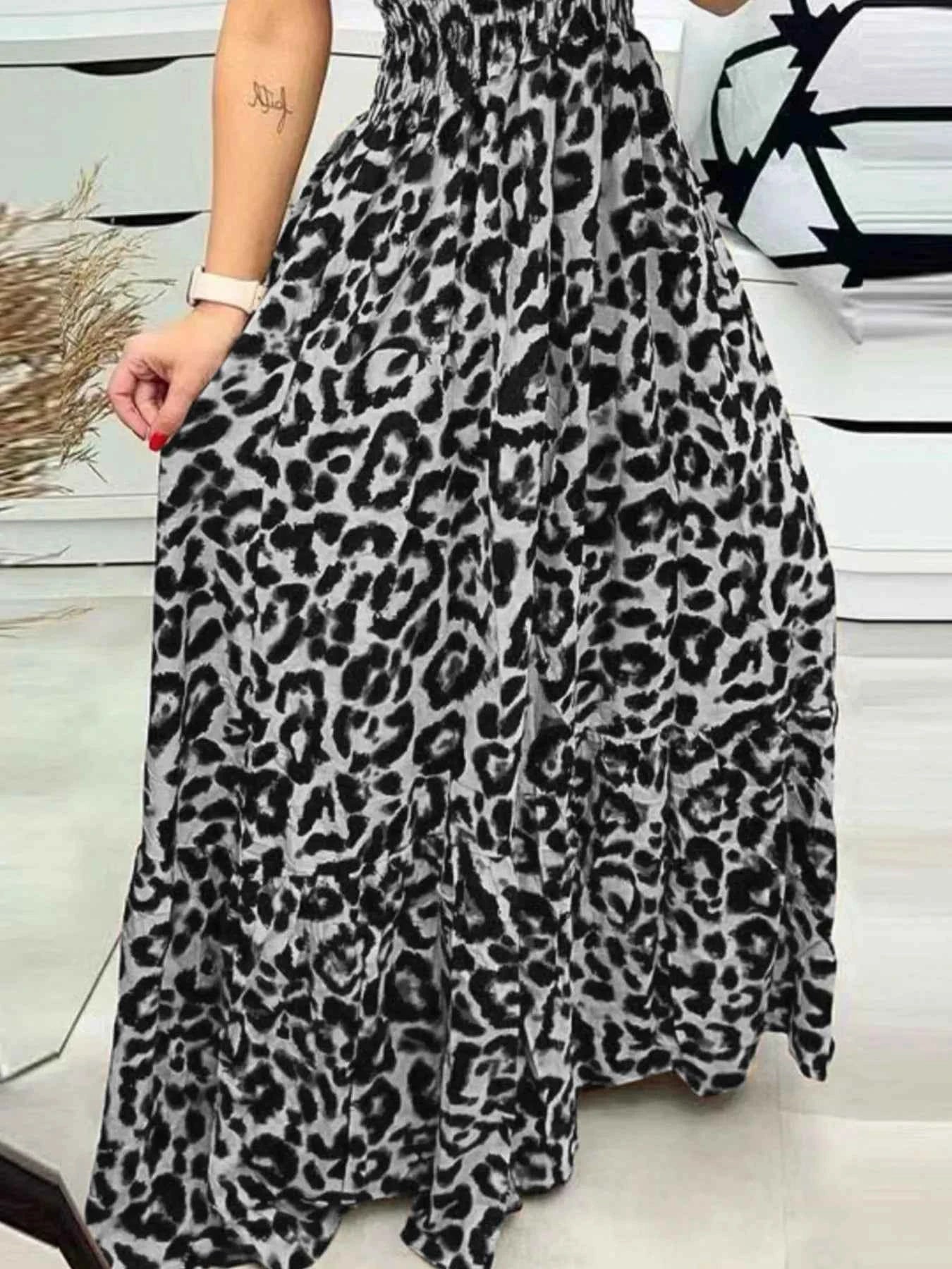 Full Size Leopard Print Spaghetti Strap Maxi Dress Plus Size