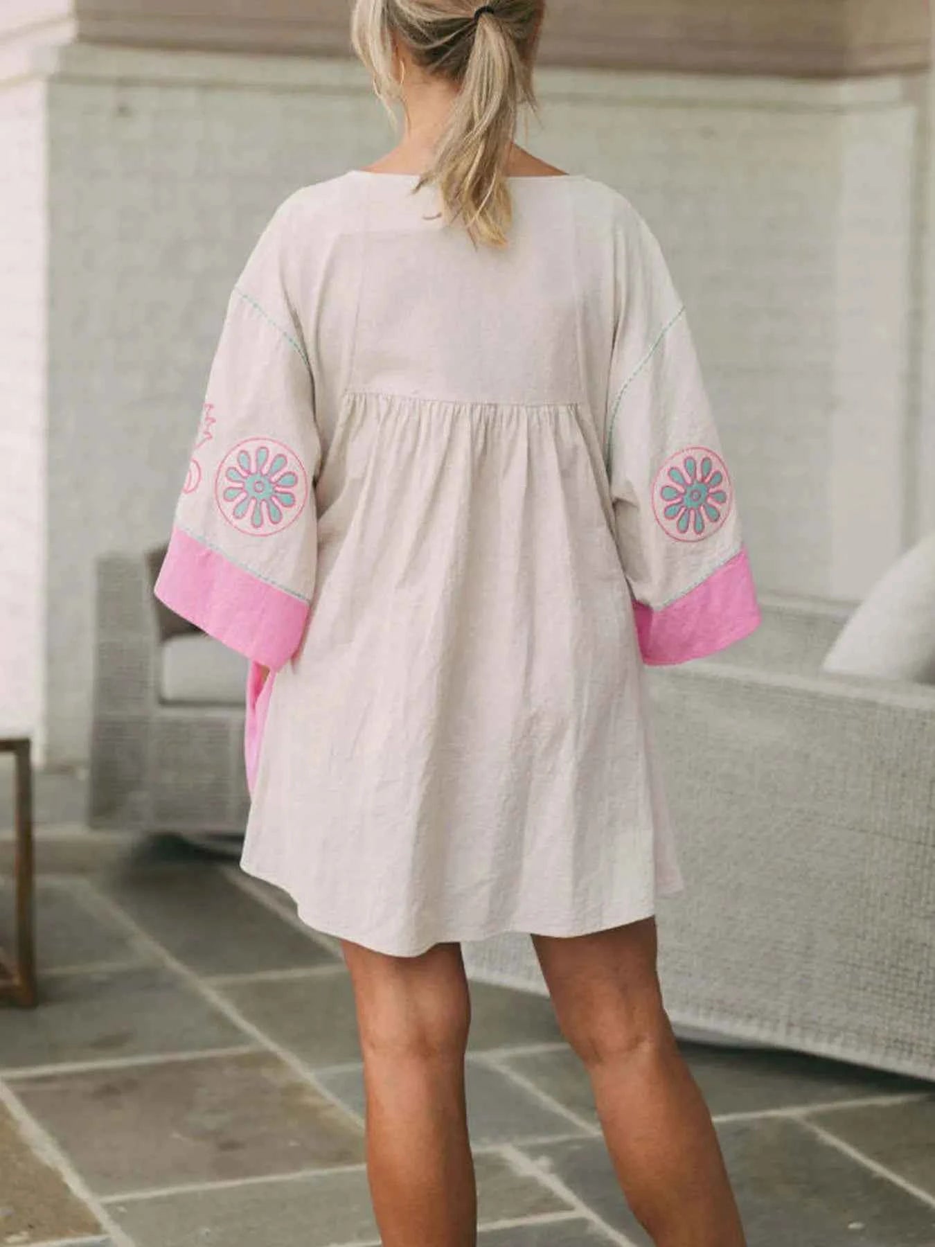 Printed V-Neck Kimono Sleeve Mini Dress