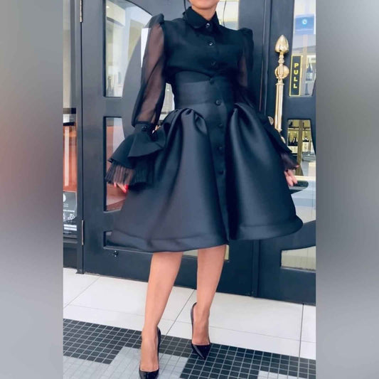 Stylish Black Mesh with Sheer Bell Sleeves Blouse Skirt Set