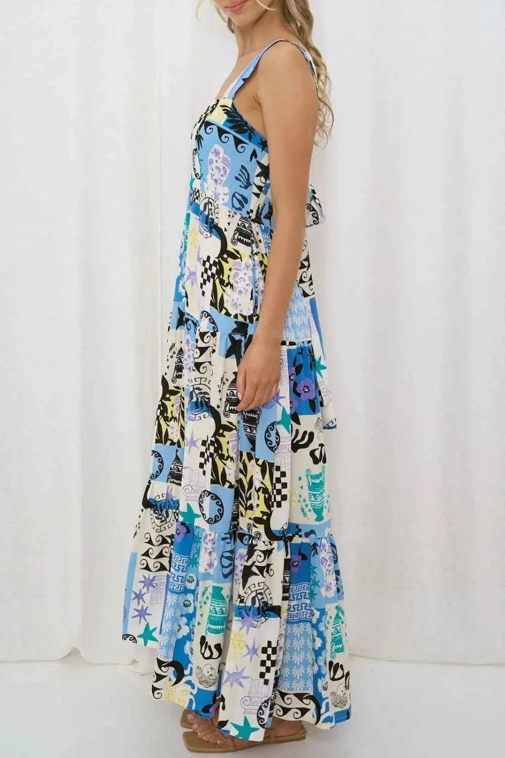 Printed Square Neck Wide Strap Maxi Dress