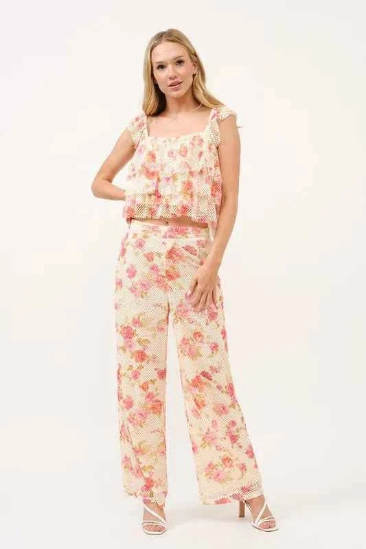 And The Why Tiered Ruffled Floral Fishnet Top