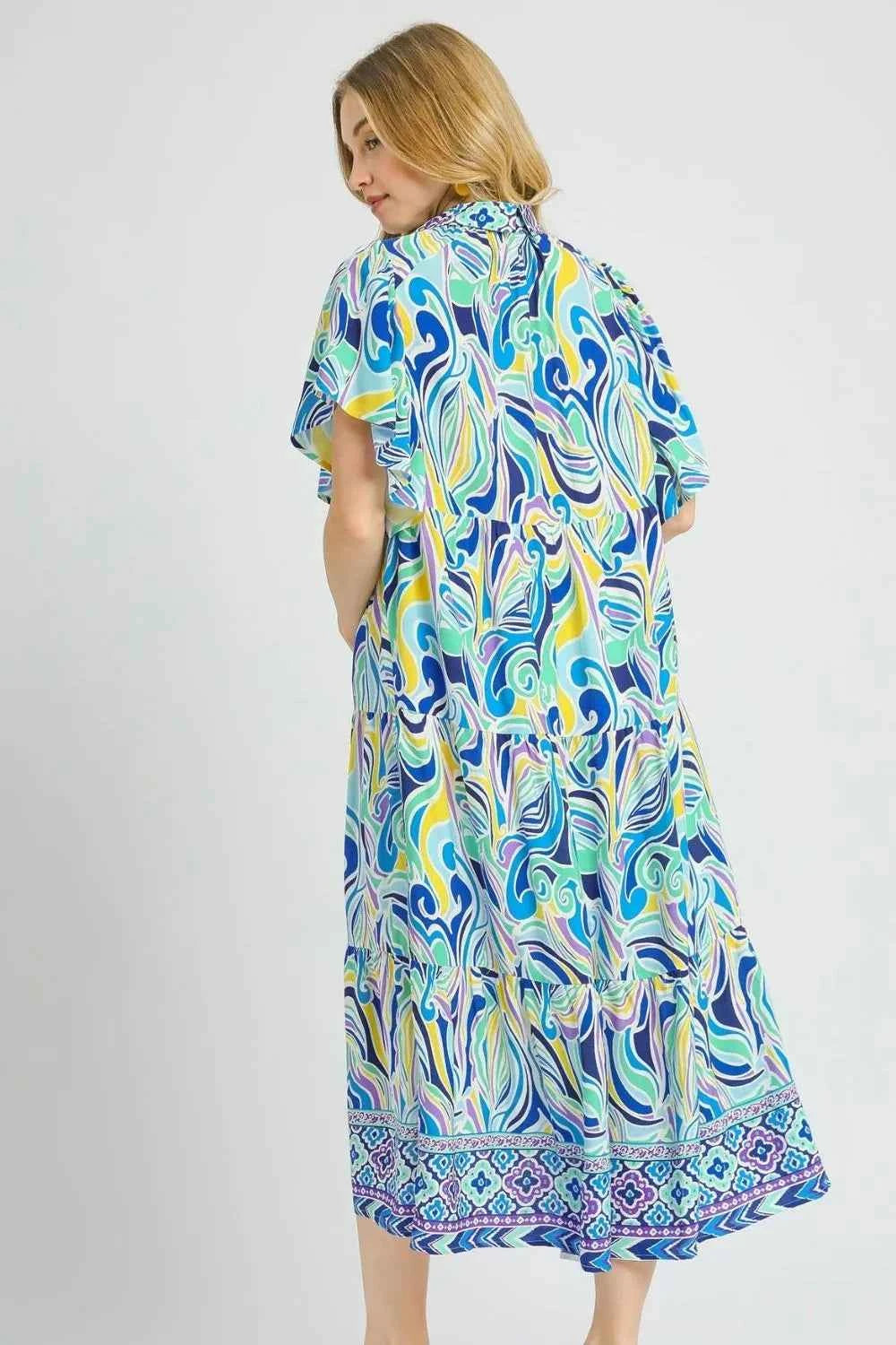 Umgee Printed Short Sleeve Tiered Midi Dress