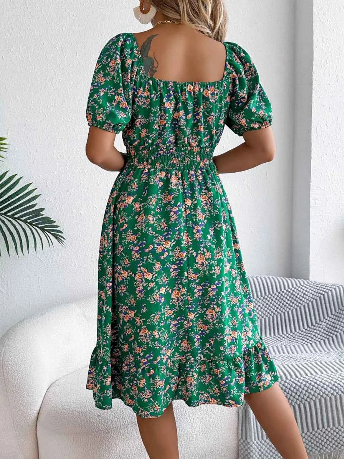 Ruffled Hem Floral Puff Sleeve Dress