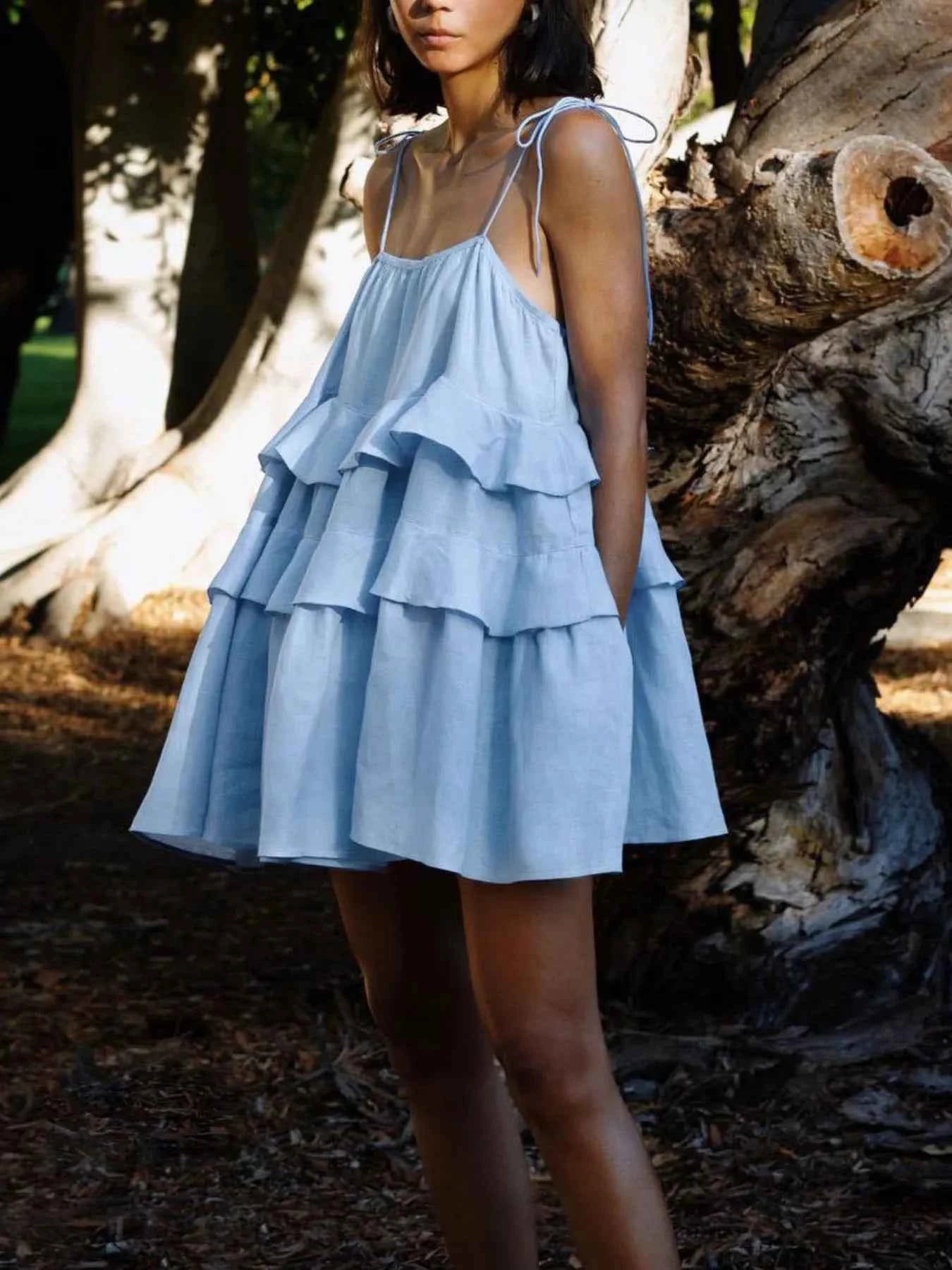 Ruffle Layered Tie Shoulder Cami Dress