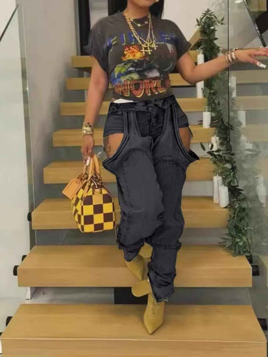 Y2K Denim Overalls Street Fashion Patchwork Ripped Casual Pants (Copy)