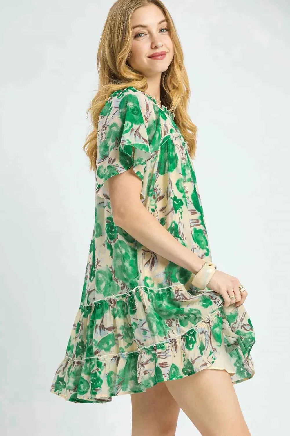Umgee Printed Ruffle Hem Tiered Short Sleeve Dress