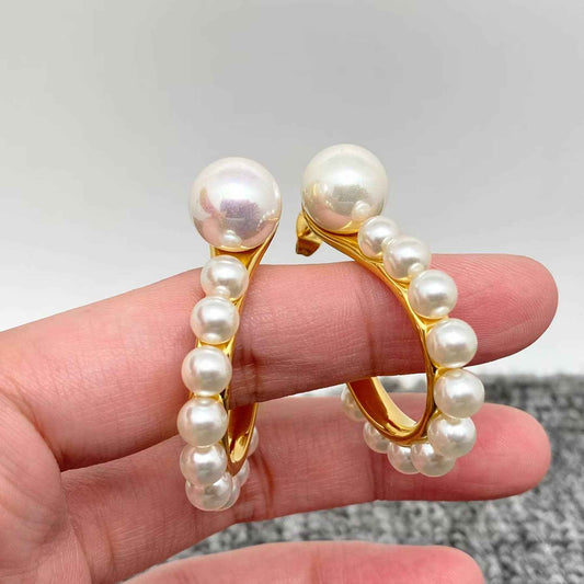 FGS - Inlaid Pearl Hook Shape 18K Gold Plated Post Earrings