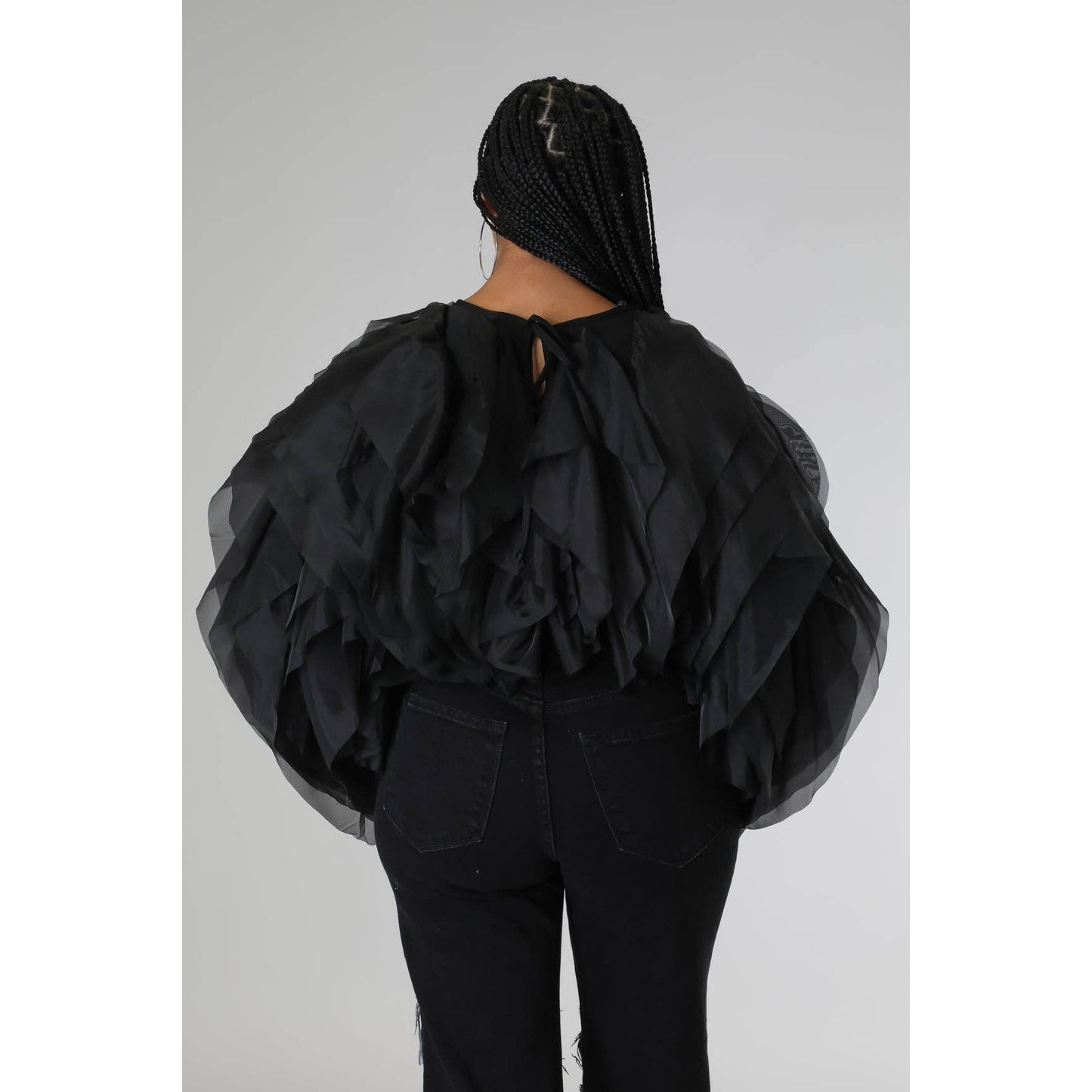Plus Long Sleeve Ruffle Tulle Crop Top Blouse