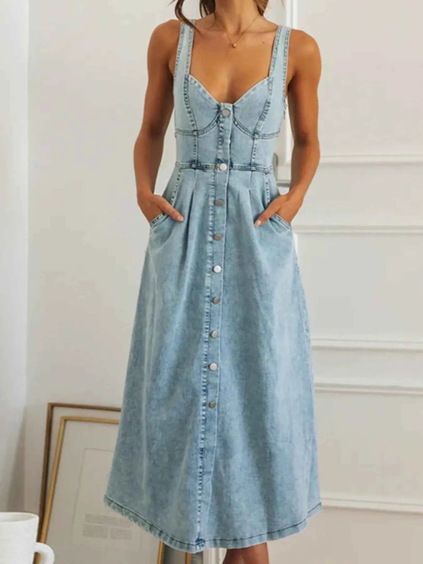 Sweetheart Neck Button-Front Midi Denim Dress