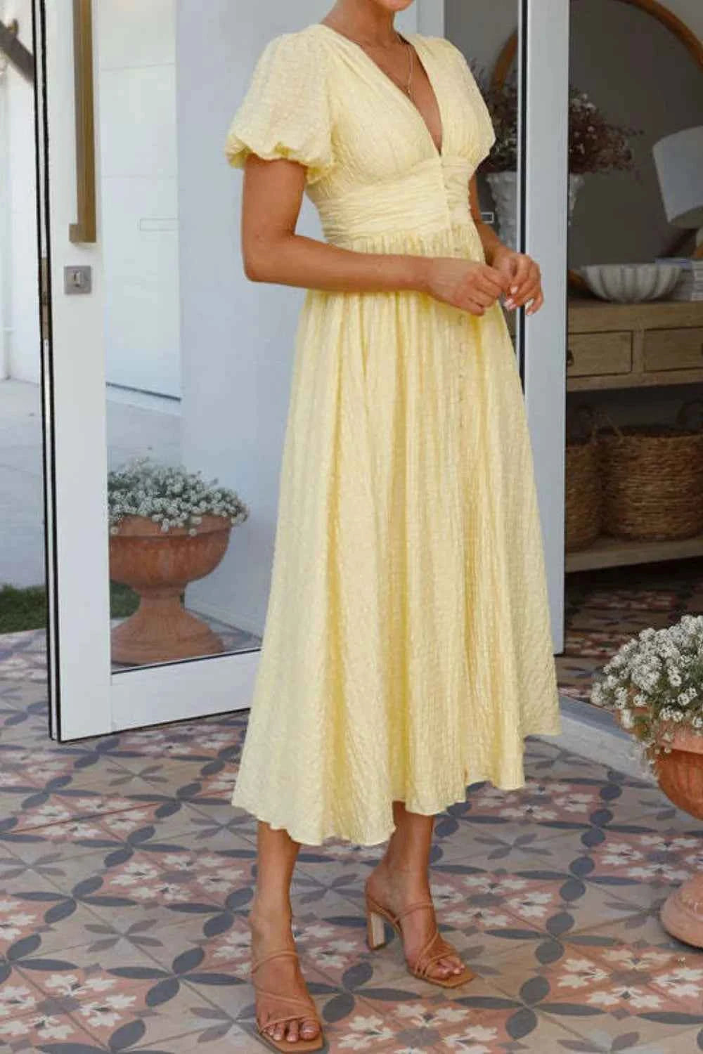 V-Neck Puff Short Sleeve Midi Dress