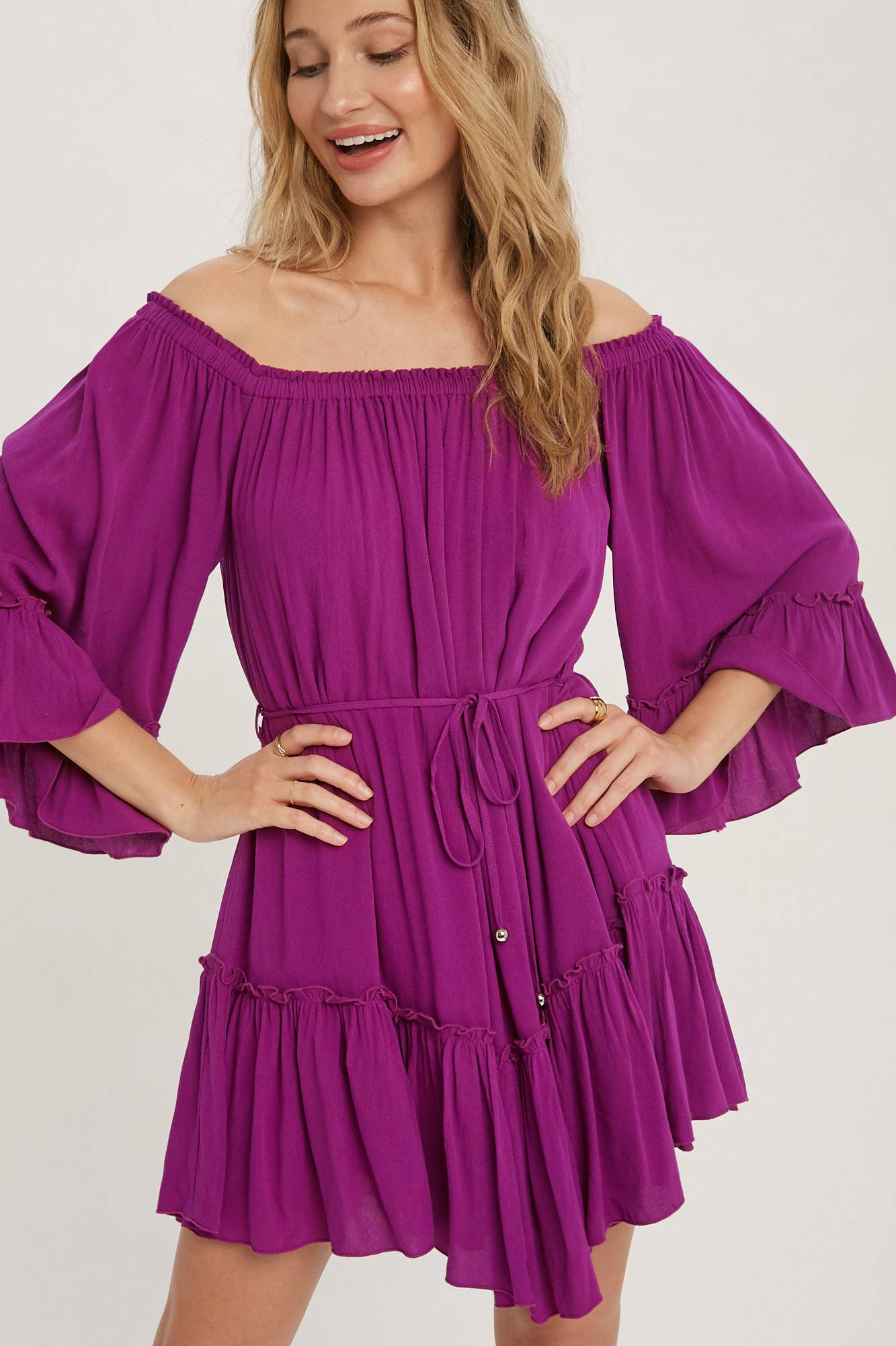 RUFFLED SOLID BOHO DRESS