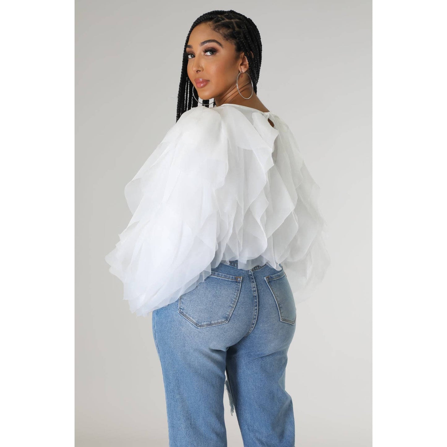 Plus Long Sleeve Ruffle Tulle Crop Top Blouse