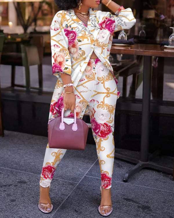 Print lantern sleeve top high waist pants set