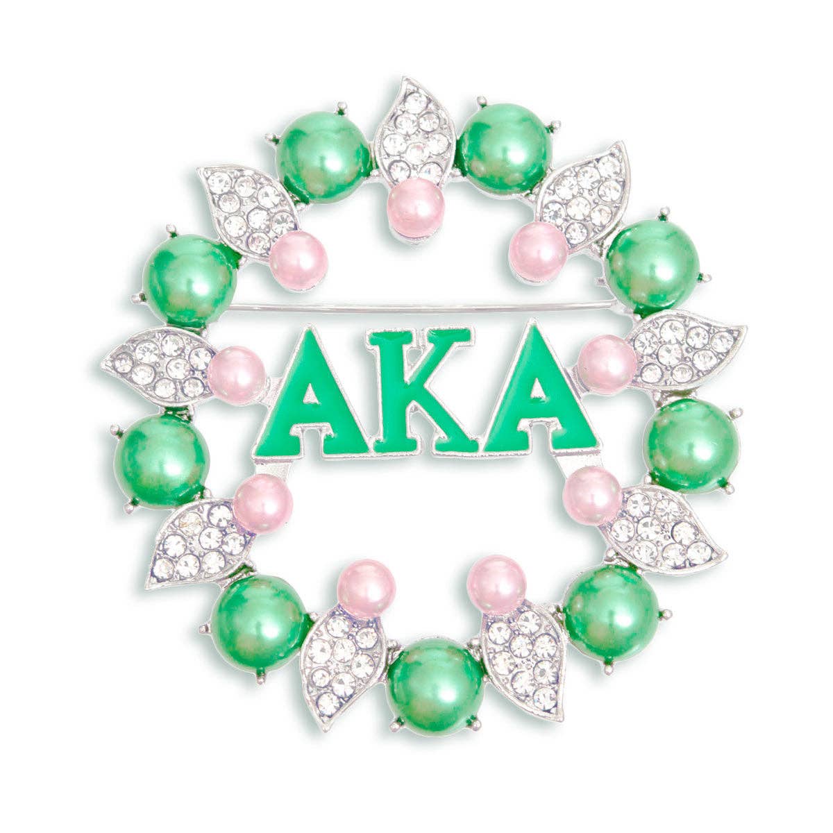 Decorative wreath with 'AKA' letters surrounded by green and pink beads on a white background