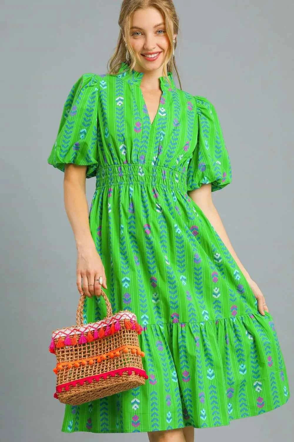 Umgee Printed Midi Dress with Ruffled Hem