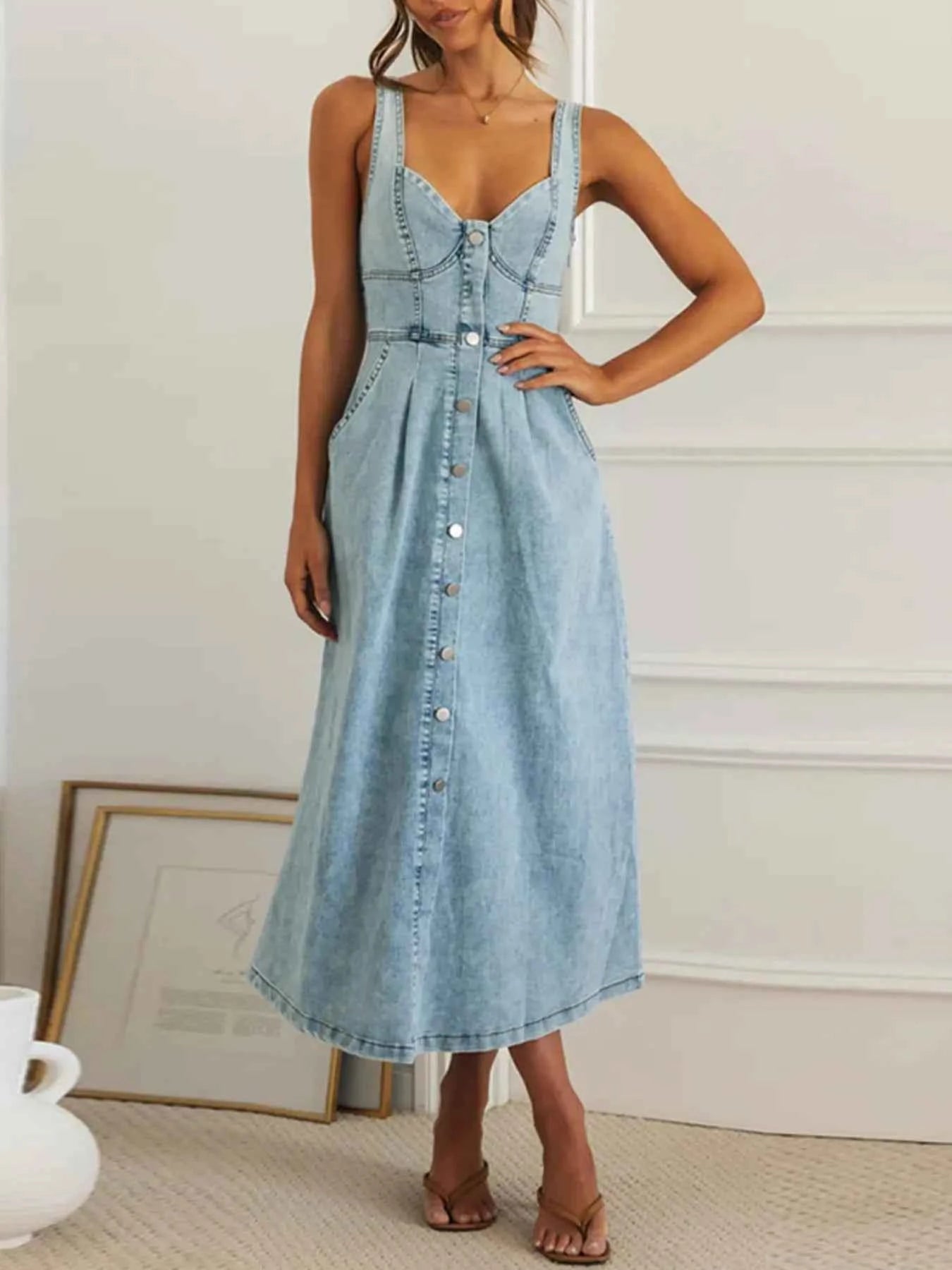 Sweetheart Neck Button-Front Midi Denim Dress