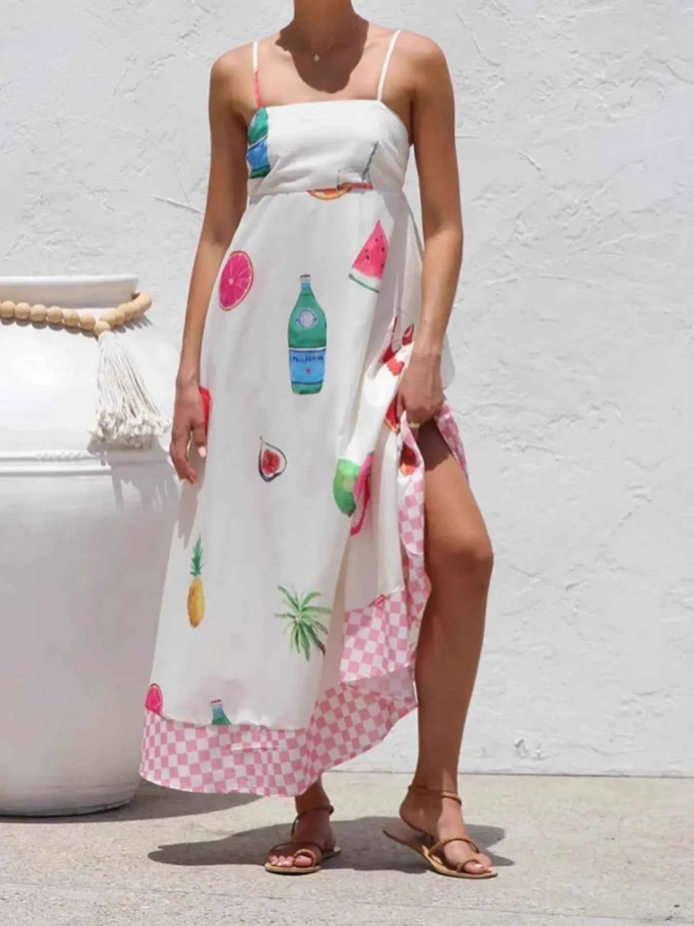 Printed Checkered Hem Cami Midi Dress