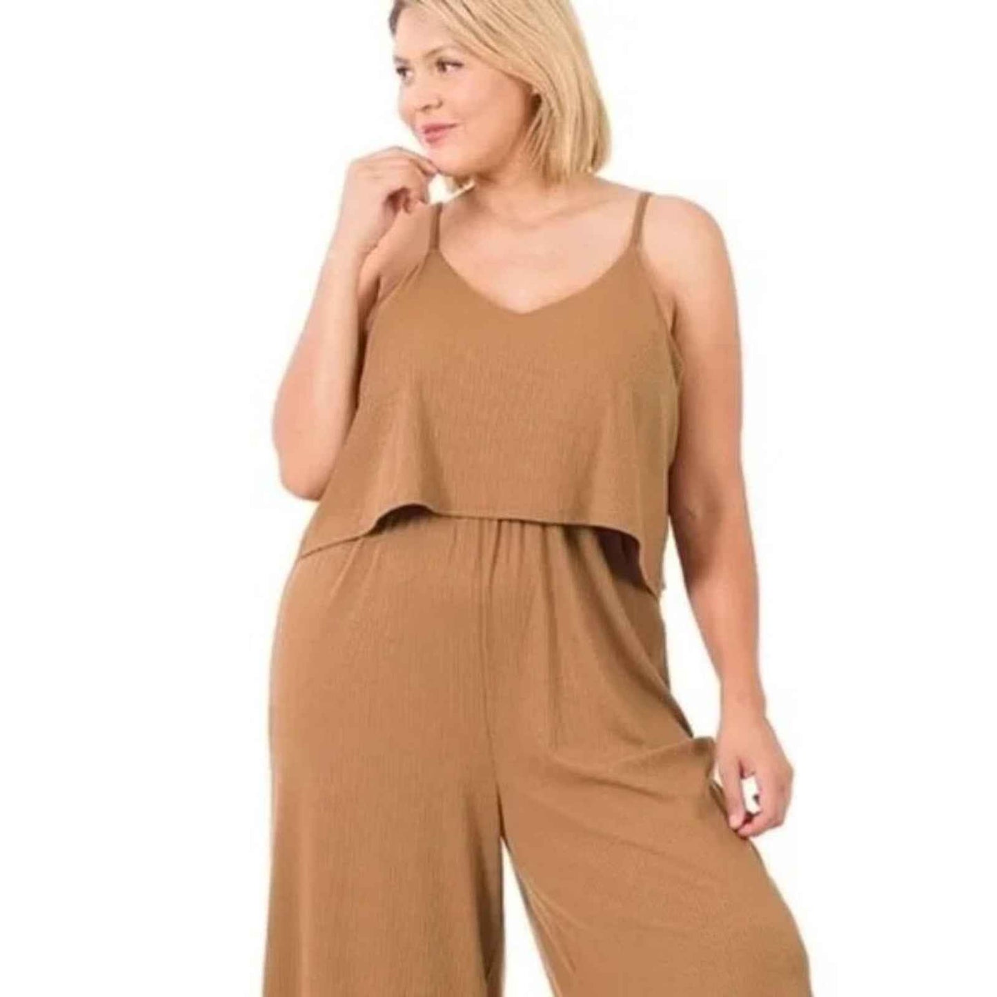 Plus Size Deep Camel Ribbed Wide-Leg Jumpsuit – Sleeveless & Relaxed Fit