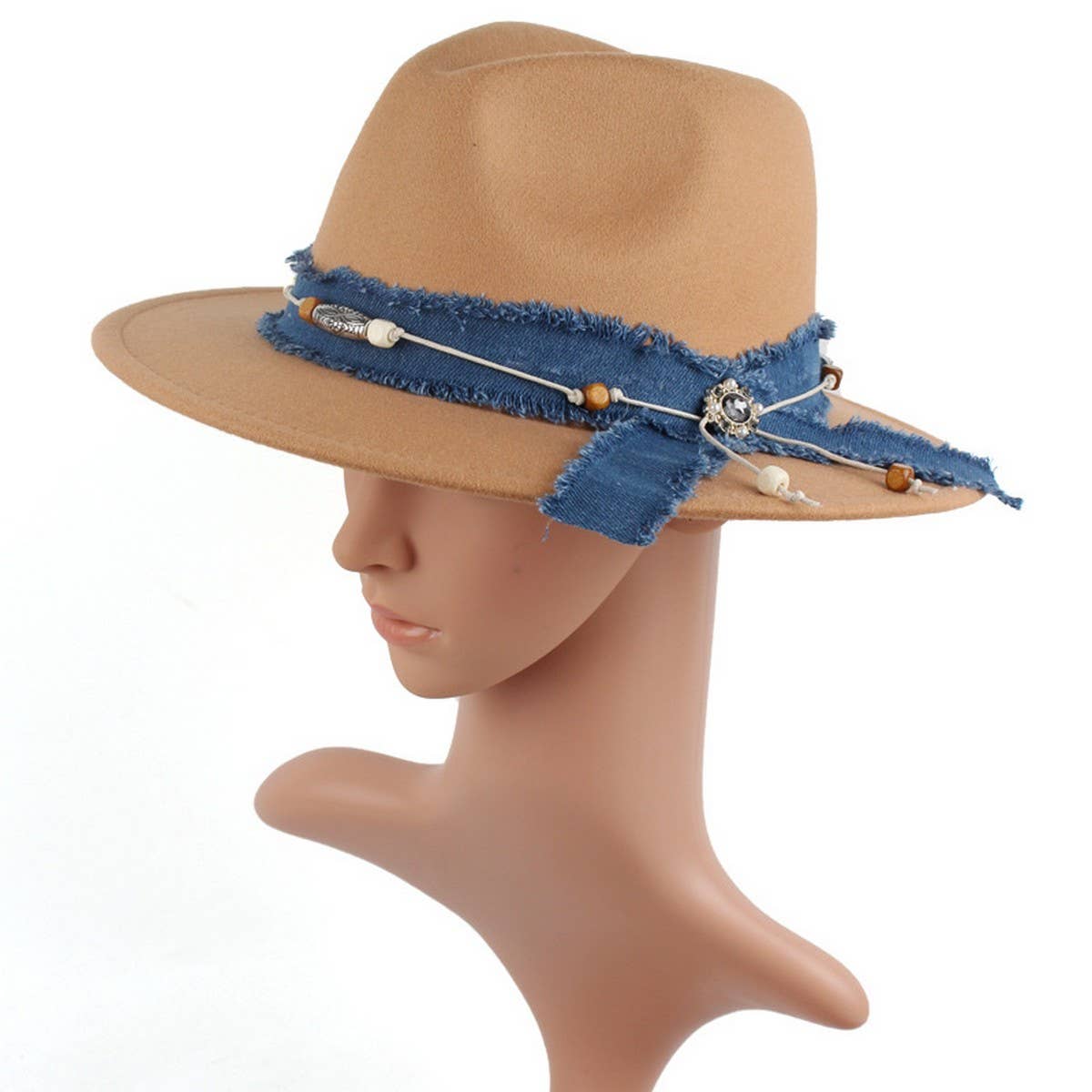 WOMEN'S DENIM BLUE FABRIC BAND PANAMA HAT