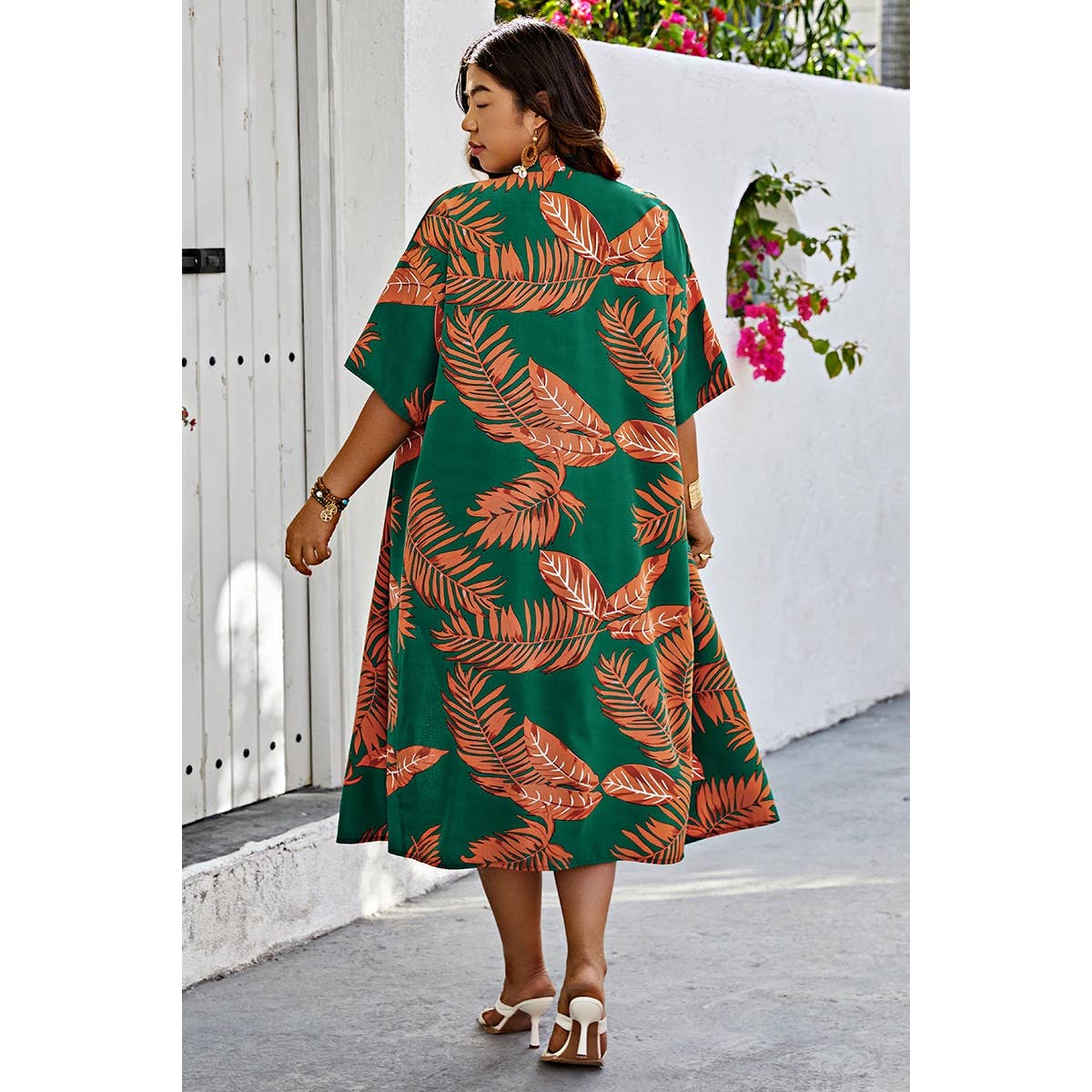 Plus Size Leaf Print Pockets Elastic Waist Shorts Set