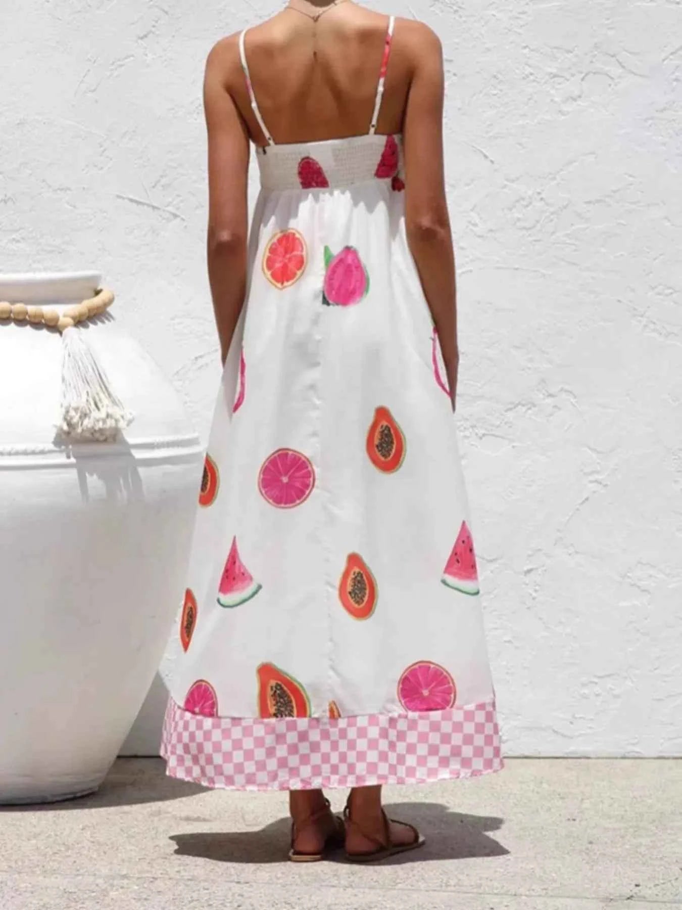 Printed Checkered Hem Cami Midi Dress