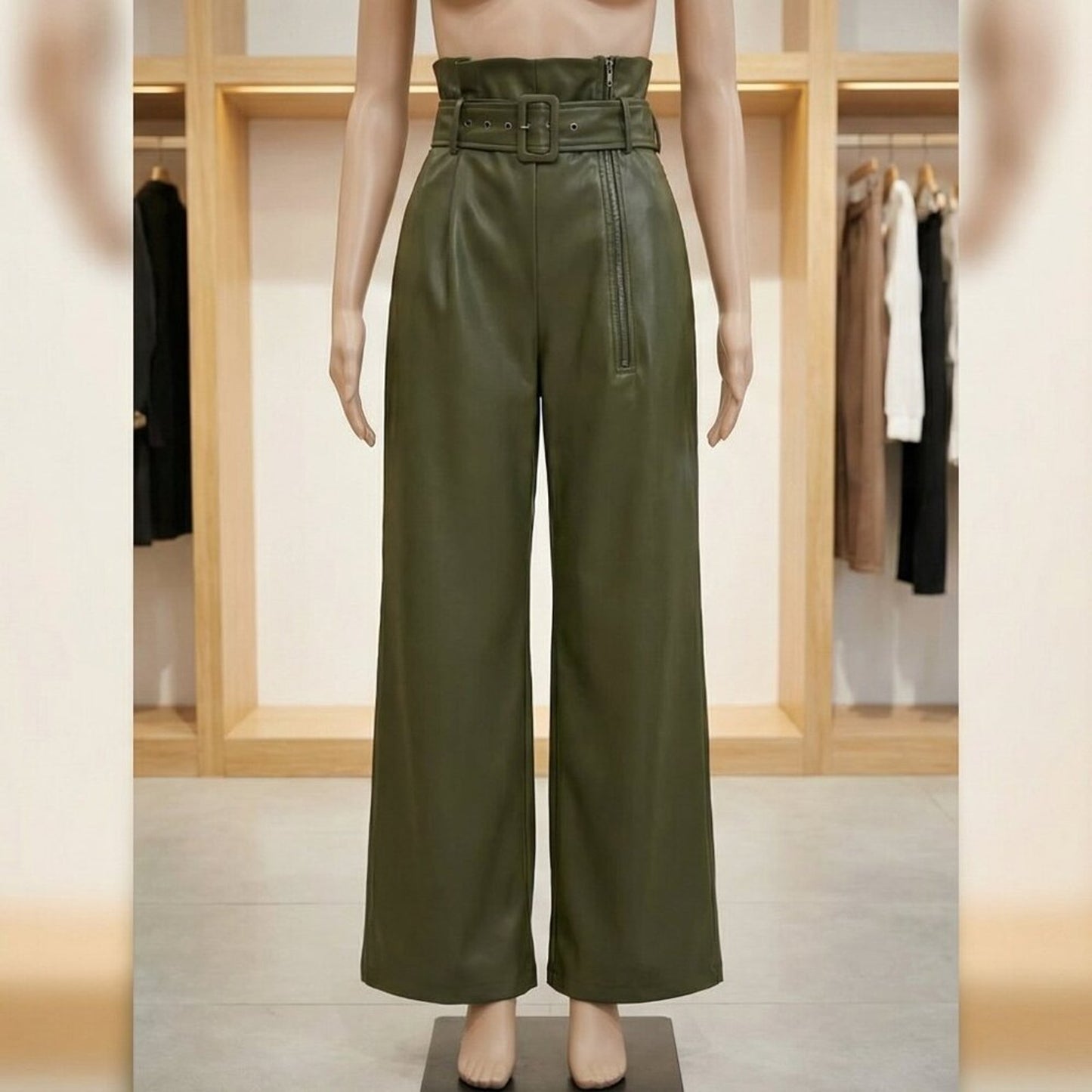 Olive Wide-Leg Faux Leather Pants