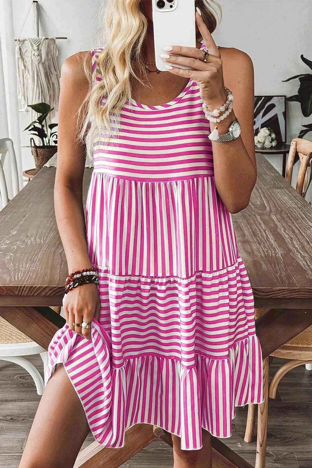 Stripe U Neck Sleeveless Loose Fit Mini Dress