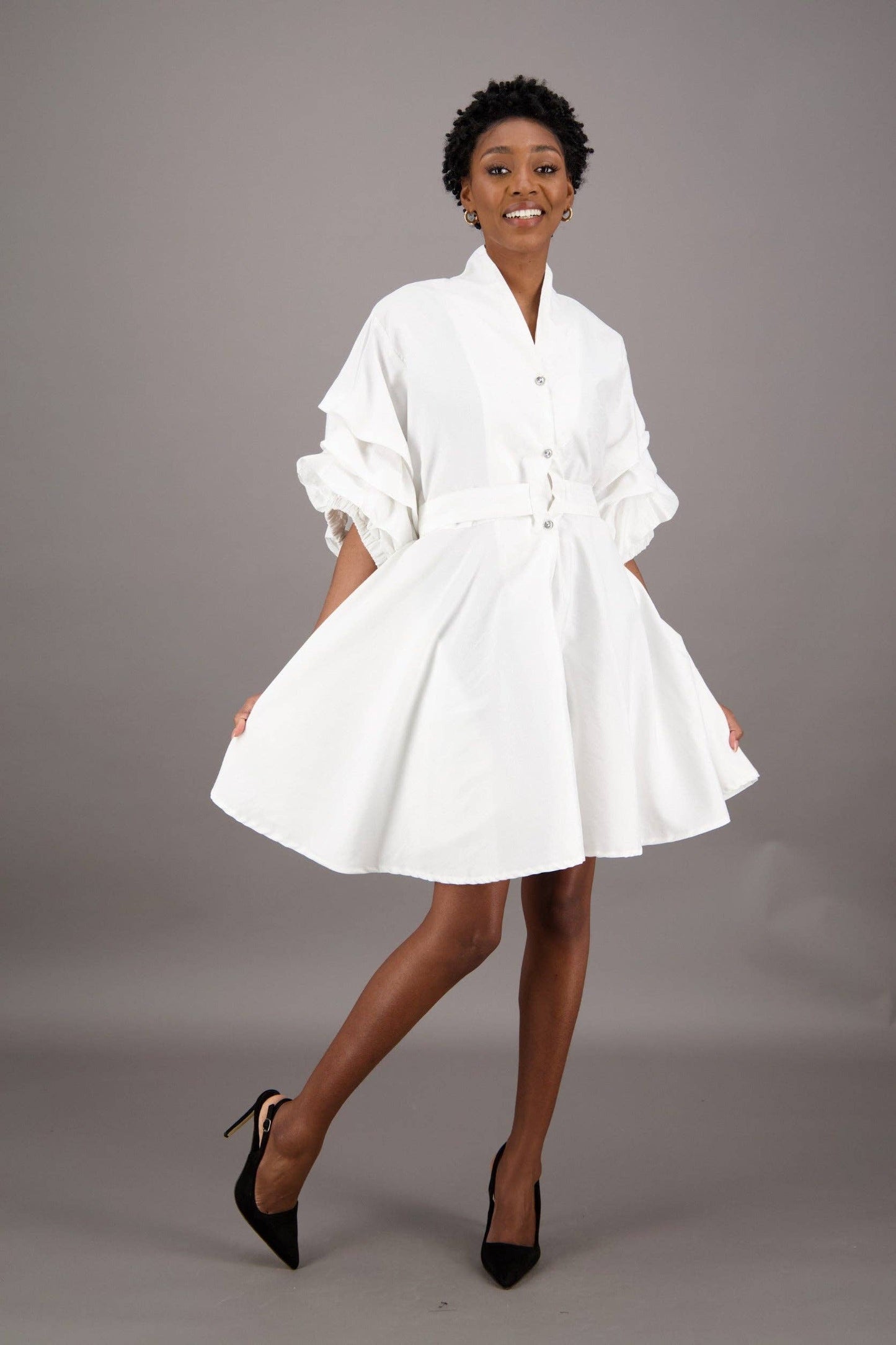 Black Satin Button-Up Flare Shirt Dress – Luxe Minimalist Elegance