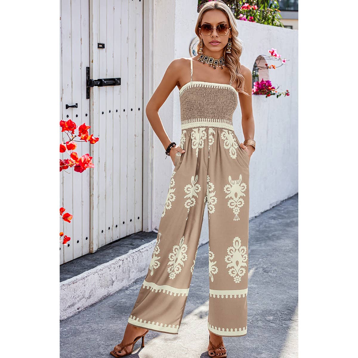 Off Shoulder Ruched Printed High Waist Jumpsuit