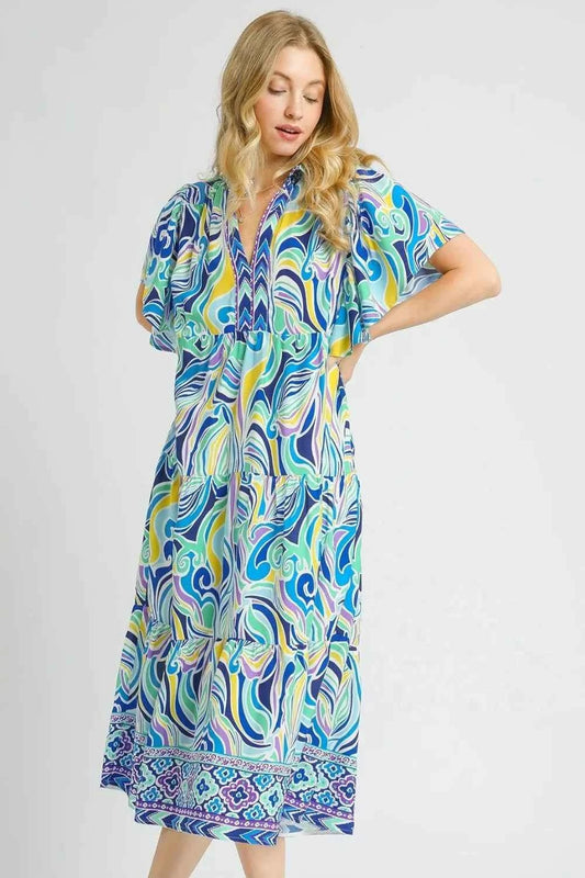 Umgee Printed Short Sleeve Tiered Midi Dress