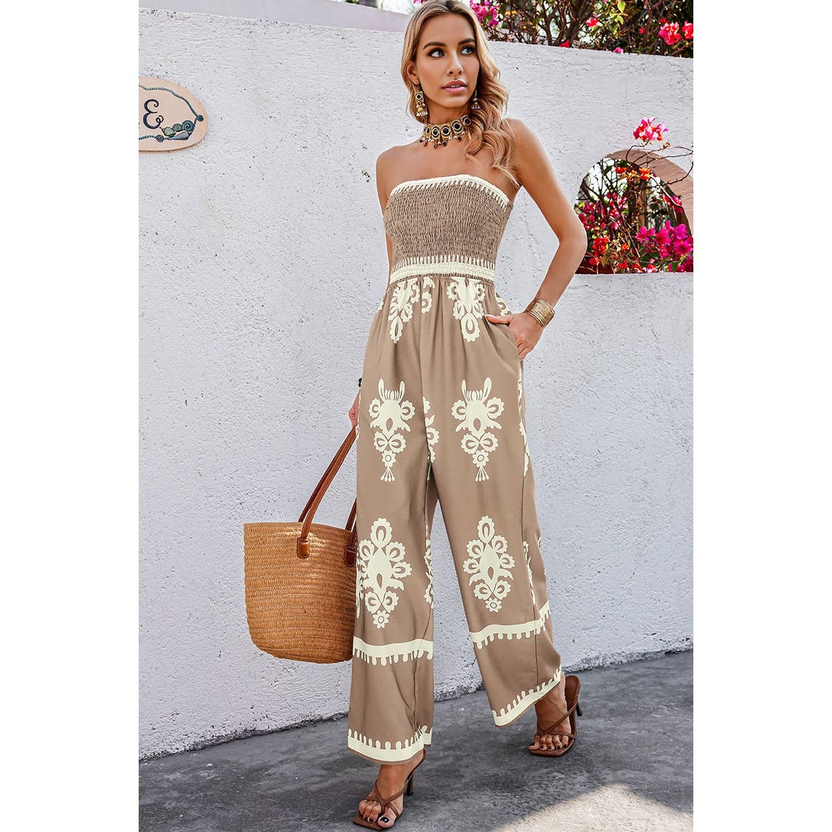 Off Shoulder Ruched Printed High Waist Jumpsuit