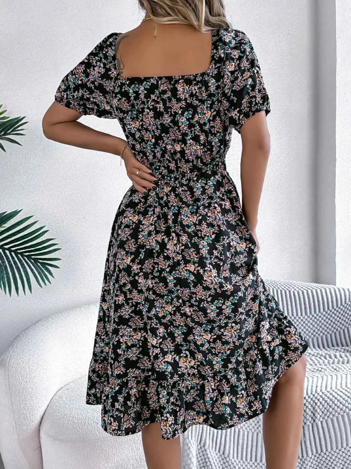 Ruffled Hem Floral Puff Sleeve Dress