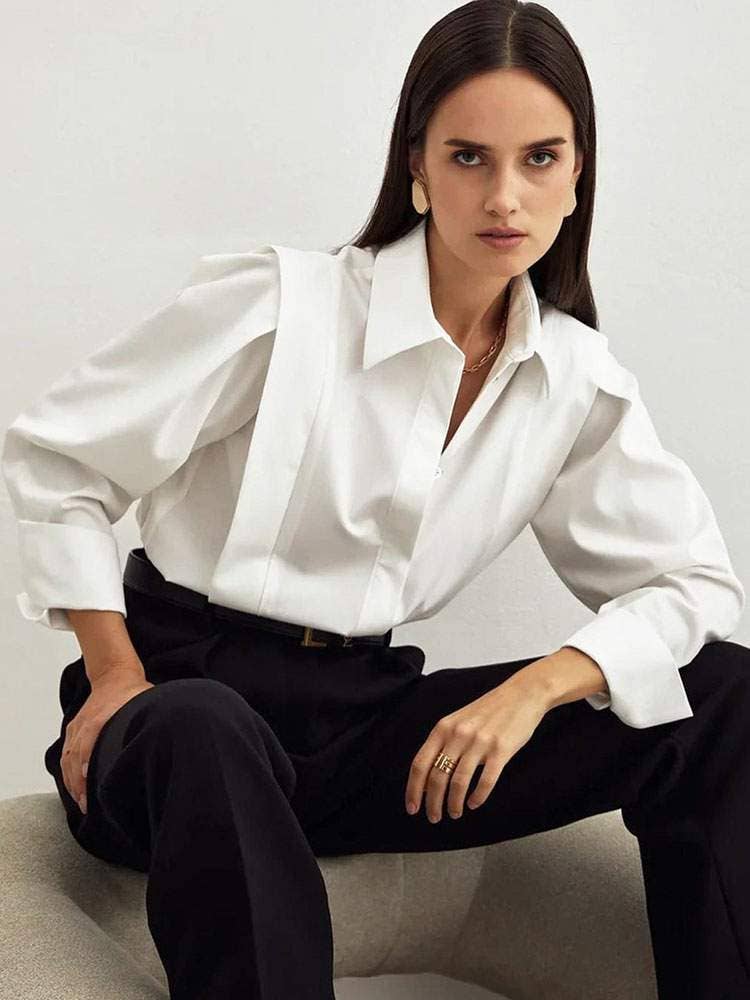 Polyester turndown collar casual long sleeves tops