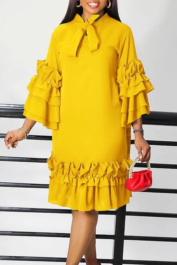 Ruffle Sleeve Solid Color Shift Dress