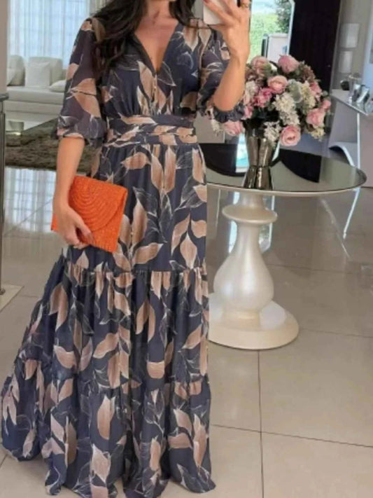 Full Size Printed V-Neck Maxi Dress with Tiered Hemline Plus Size