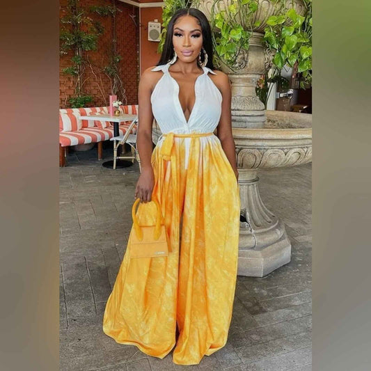Stylish Yellow and White Halter Maxi Wide Leg Jumpsuit Size L-XXXL