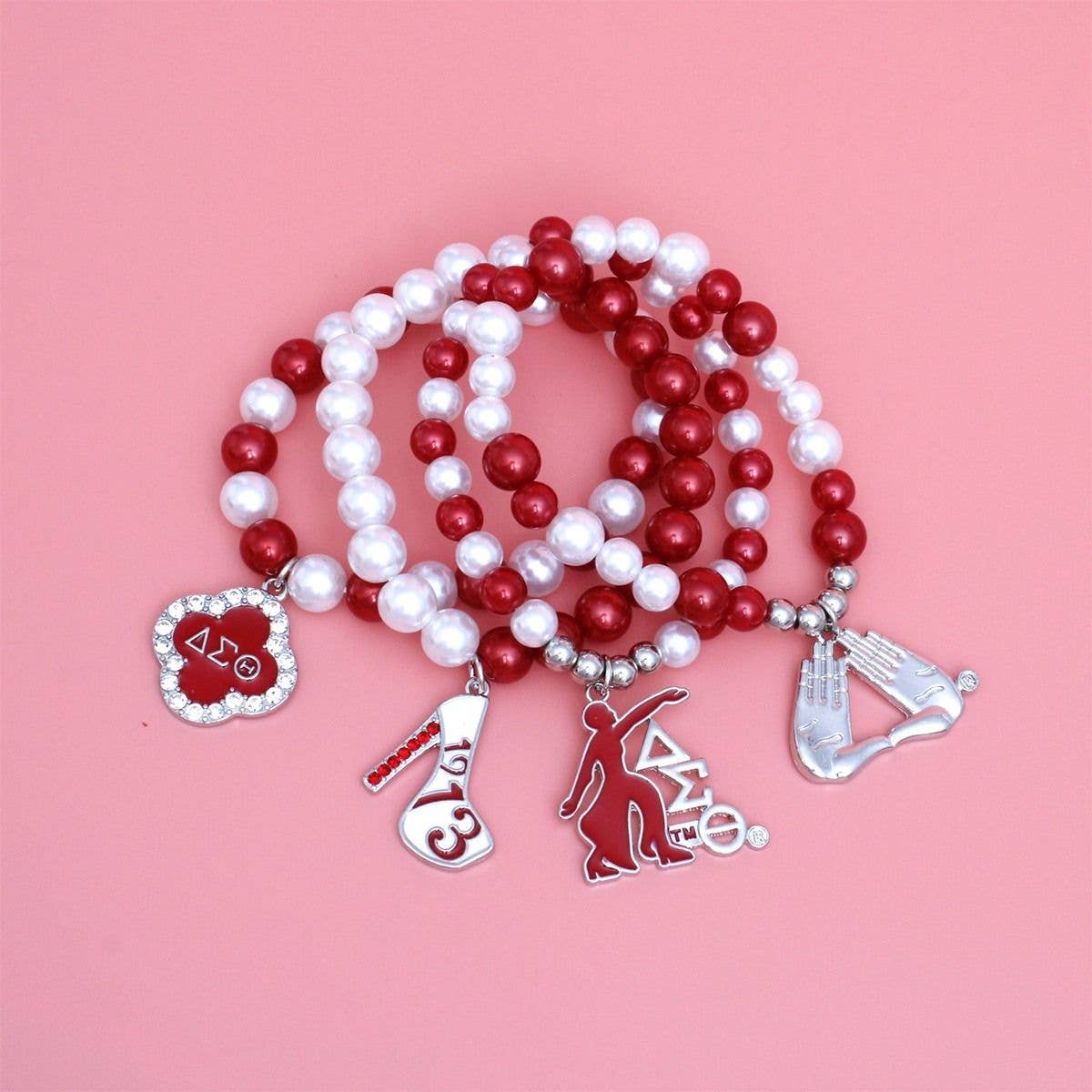 Delta Sigma Sorority Red and White Pearl Charm Bracelets