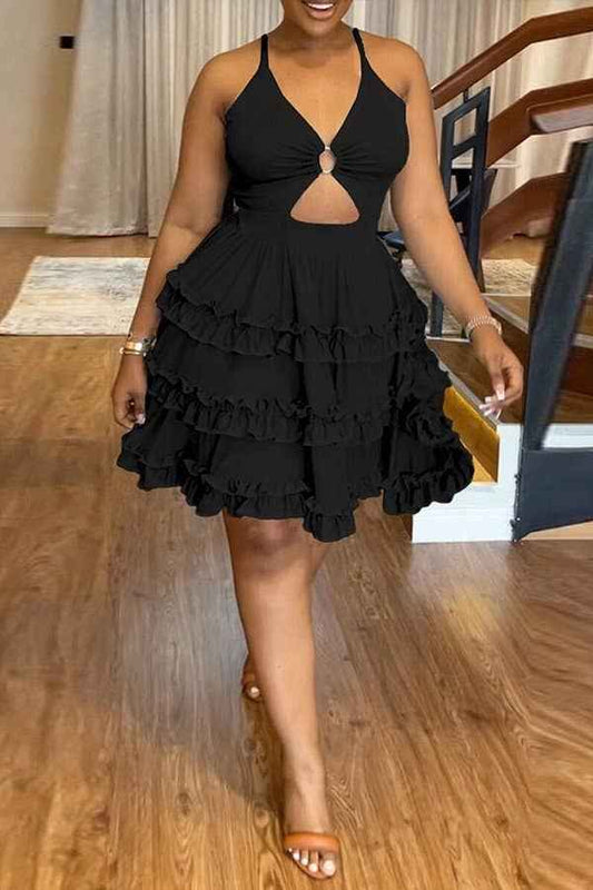 SEXY SLIM SOLID COLOR BACKLESS WOODEN EAR LACE CROSS TIE DRESS CAKE SKIRT