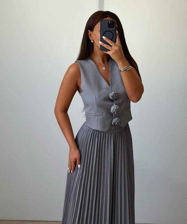 Sleeveless Tank Top Two Piece Set With Pleated Sleeves Women