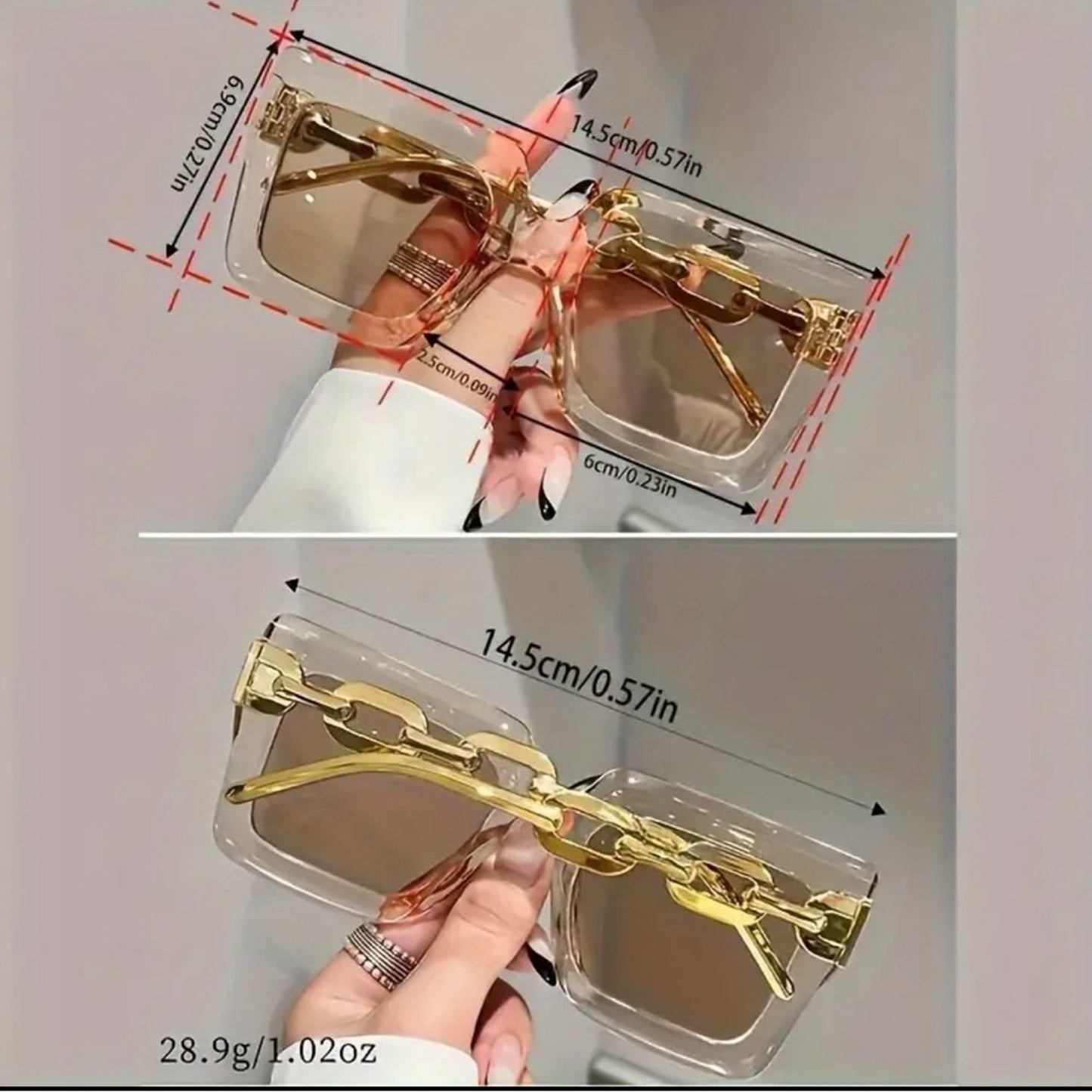 Luxury Gold Chain-Link Oversized Square Sunglasses – Clear Frame Shades