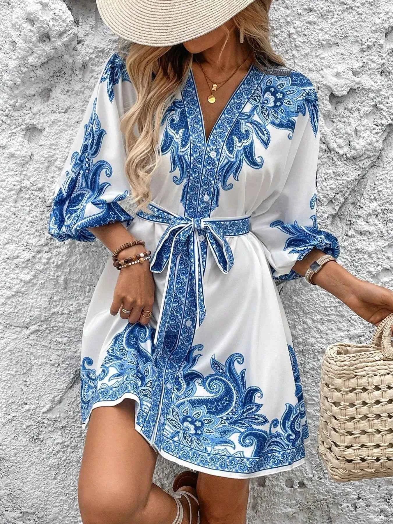 Printed V-Neck Balloon Sleeve Mini Dress