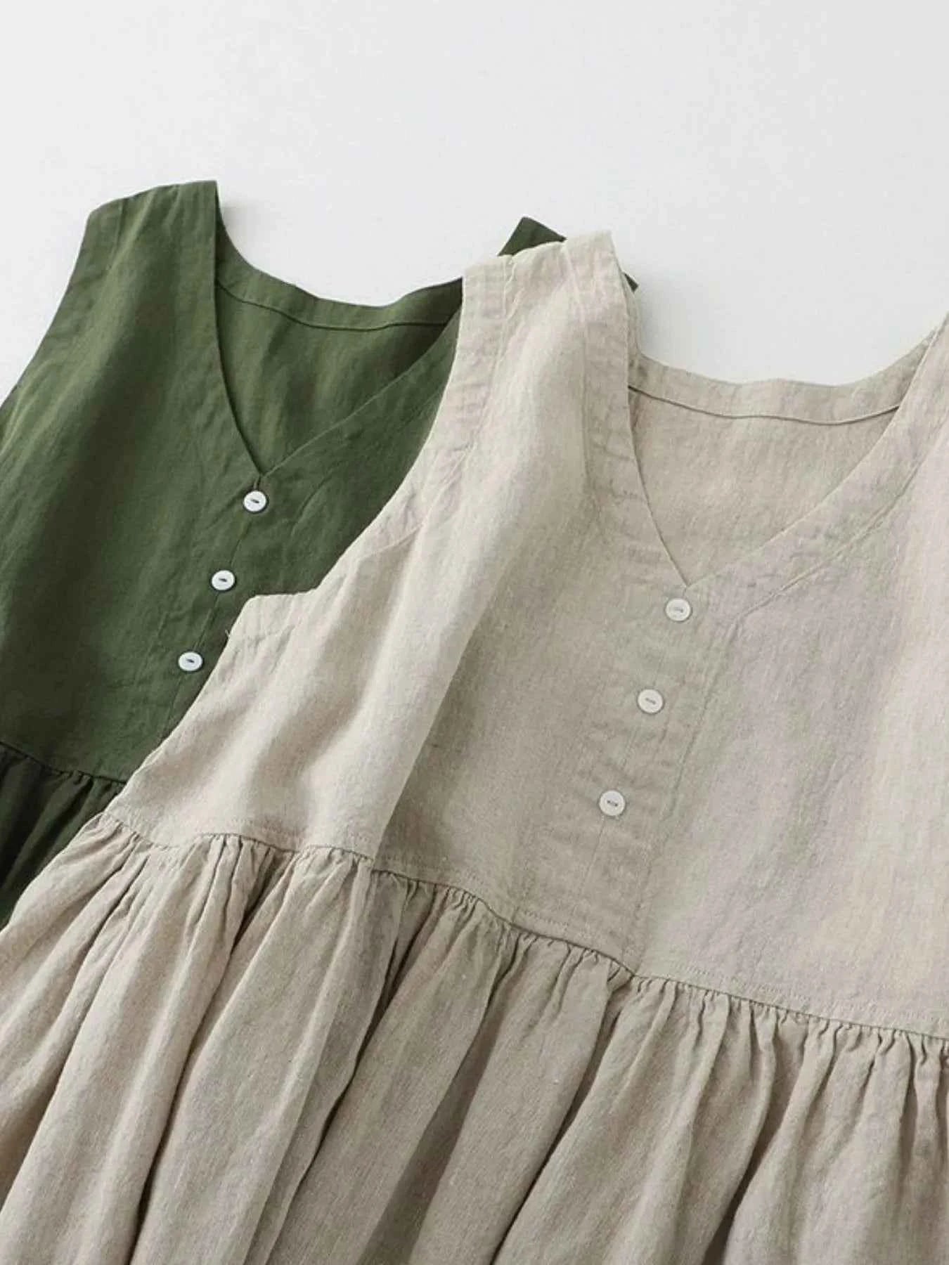 V-Neck Button Detail Sleeveless Midi Dress