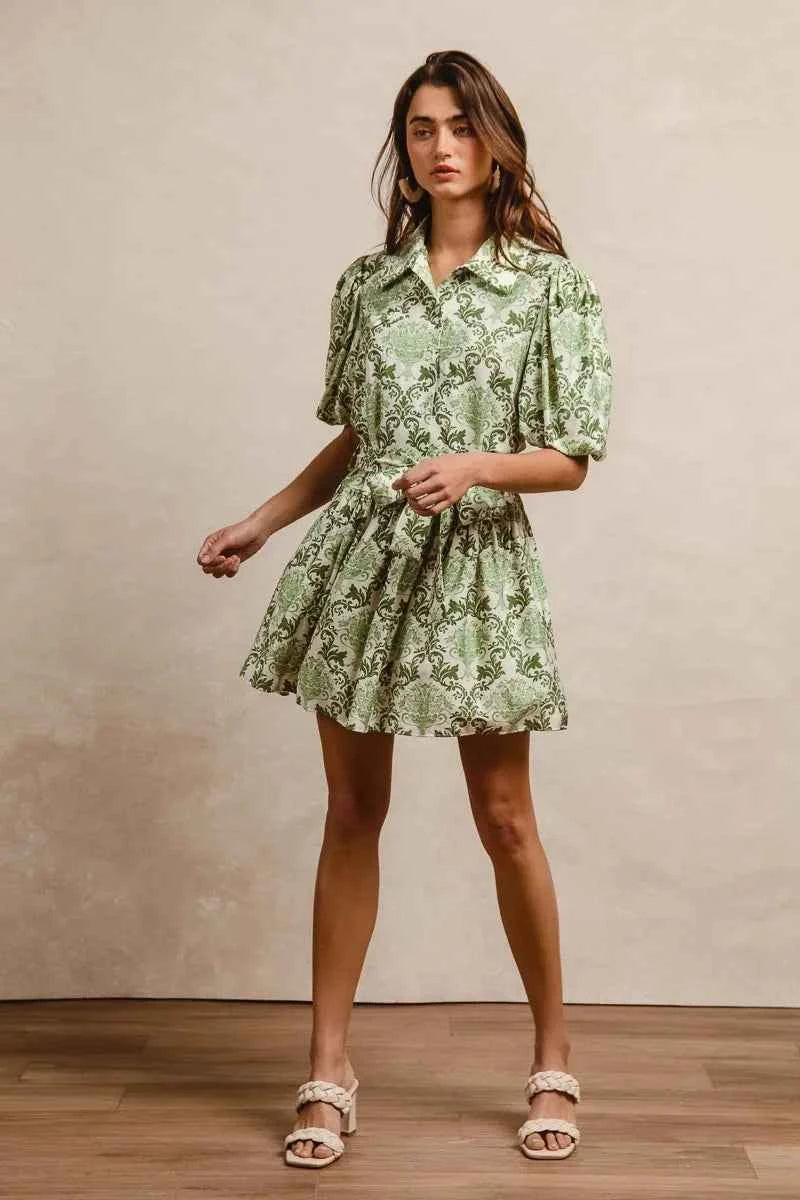 BiBi Tied Floral Short Sleeve Mini Shirt Dress