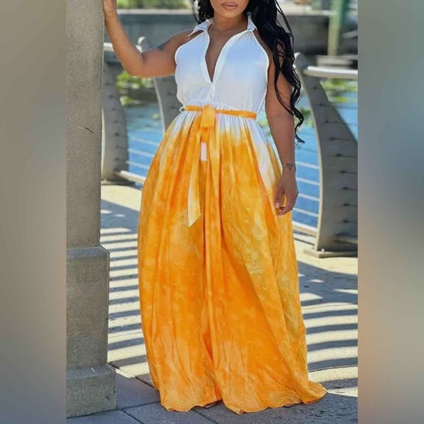 Stylish Blue and White Halter Maxi Wide Leg Jumpsuit Size L-XXXL