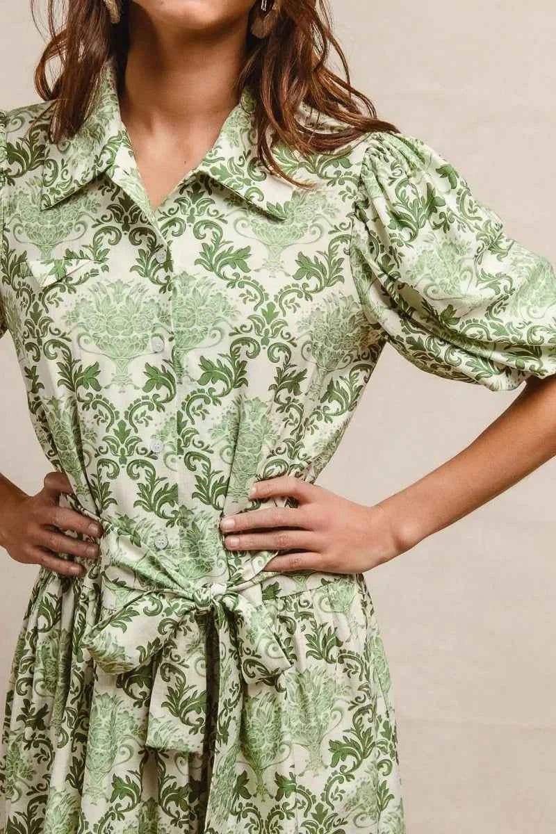 BiBi Tied Floral Short Sleeve Mini Shirt Dress