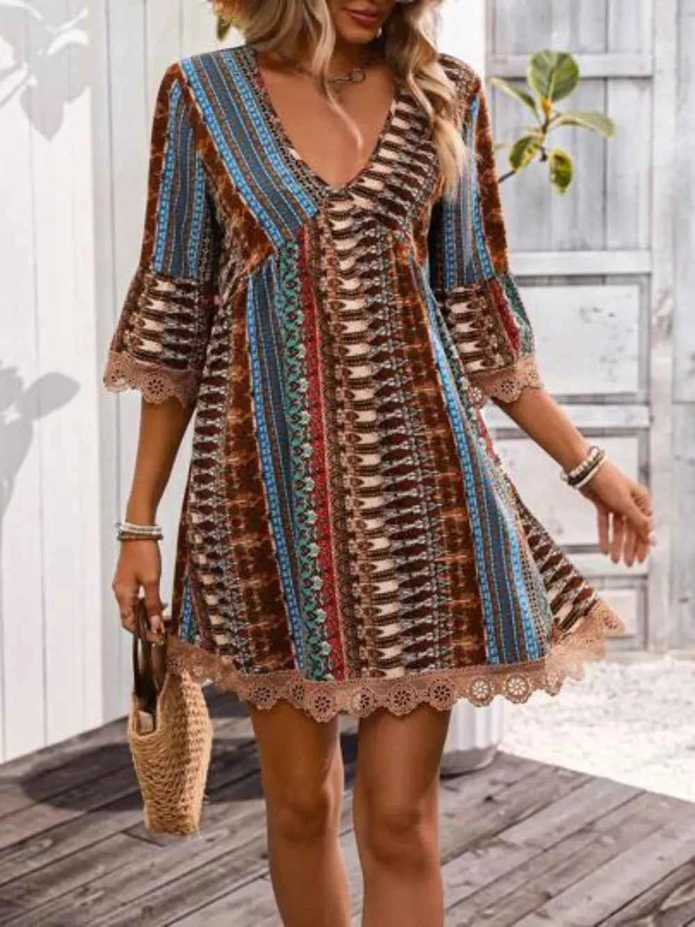 Lace Trim Printed V-Neck 3/4 Sleeve Dress