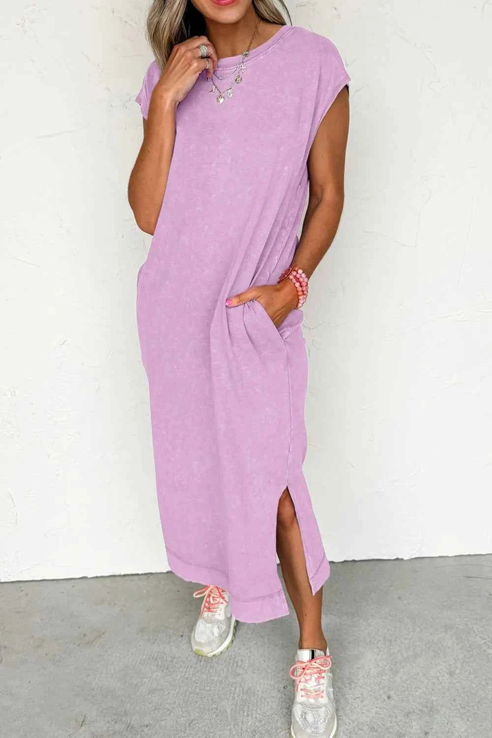 Side Split Round Neck Cap Sleeve T-Shirt Dress