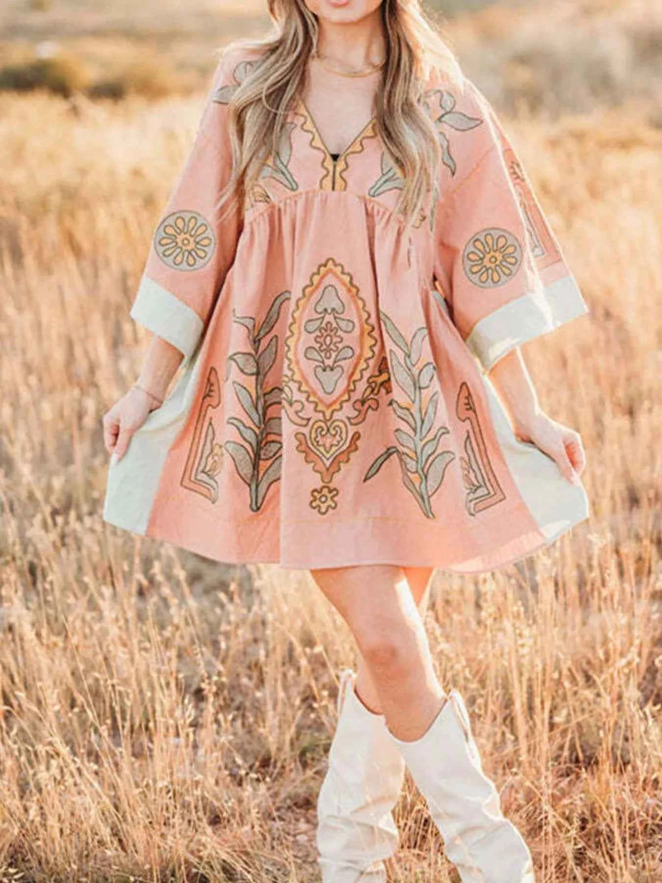 Printed V-Neck Kimono Sleeve Mini Dress