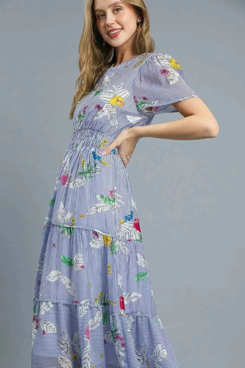 Umgee Smocked Waist Floral Short Sleeve Midi Dress